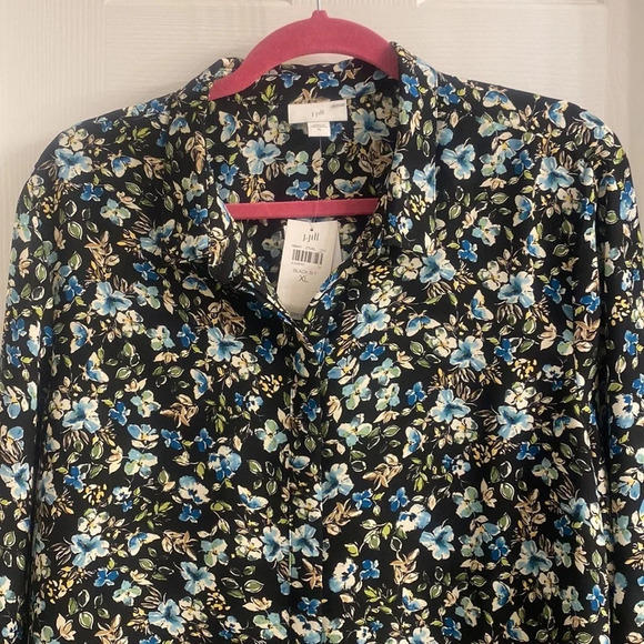 J JILL Floral tunic Blouse Black Layered Tiered Button Up and Long Sleeve S XL - Picture 3 of 10